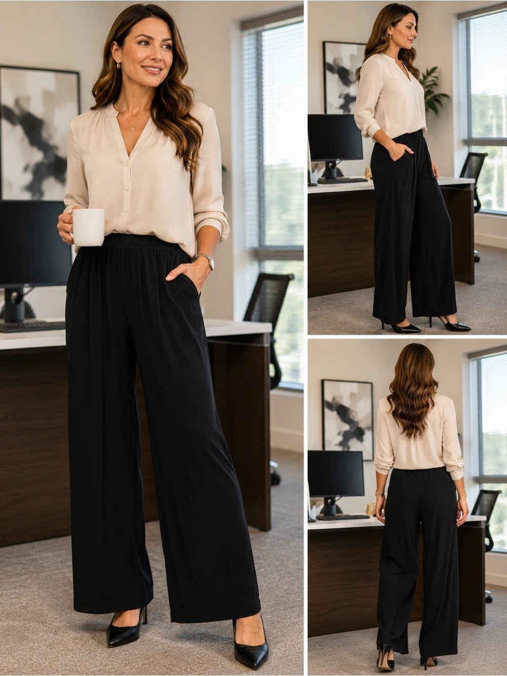 Emme Black Wide Leg Pull On Pants Plus Size 2X Stretch Minimalist Career Pants